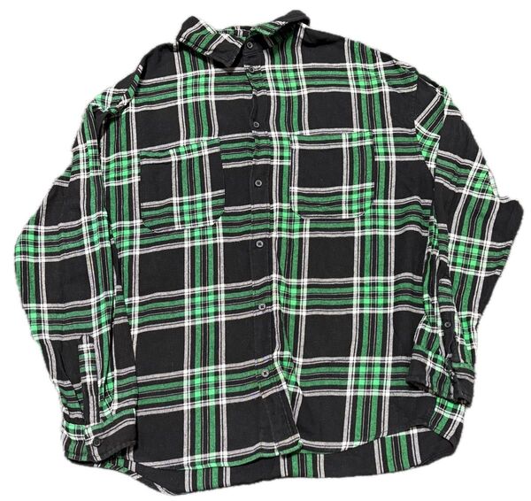 H&M チェックシャツ メンズ 黒×緑 Lサイズ