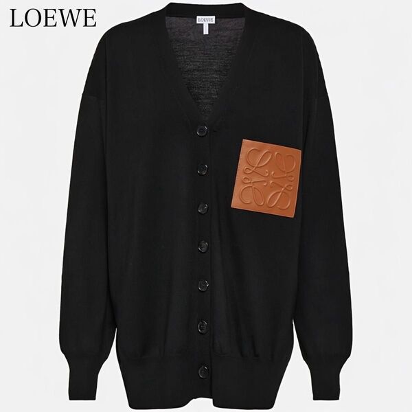 近年モデル LOEWE ロエベ カーディガン アナグラム レザーポケット 立体ロゴ 型押し Vネック 羽織り 長袖 ブラック