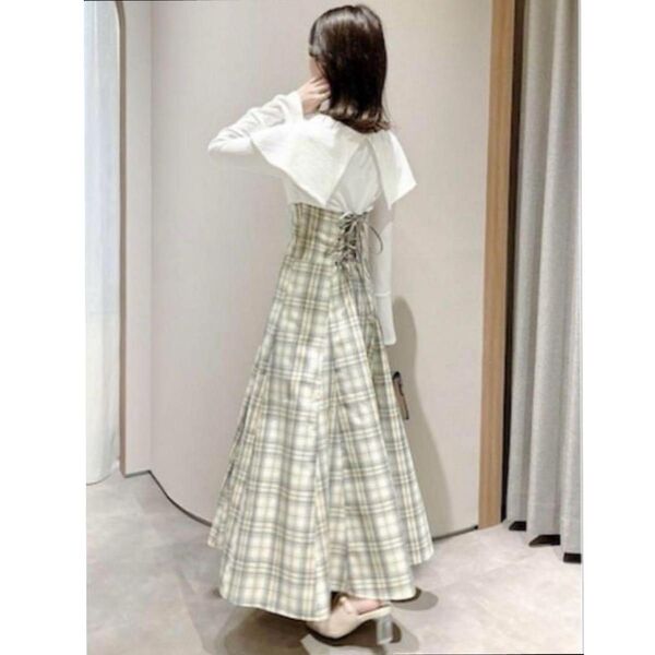 dazzlin ビッグカラーチェックコルセットワンピース M