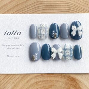 チェックネイル/リボンネイル/青/夏ネイル/春ネイル/梅雨/ぷっくりネイル/くすみカラー/ネイルチップ/ブルーグレー/サマーネイル