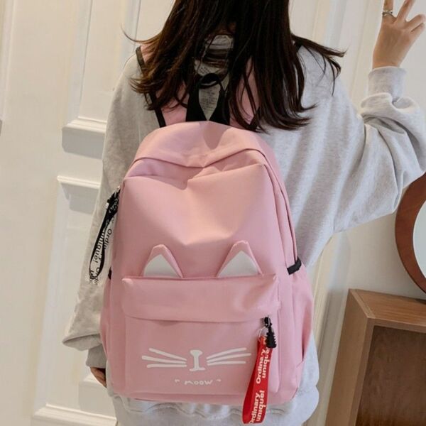 【新品】ネコ耳リュック ピンク ダブルファスナー ポケット 大容量 通学 遠足