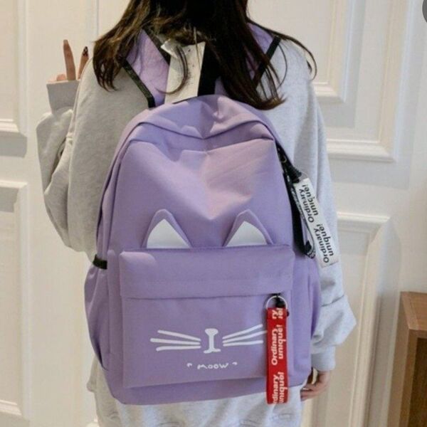 【新品】ネコ耳リュック パープル ダブルファスナー ポケット 大容量 通学 遠足