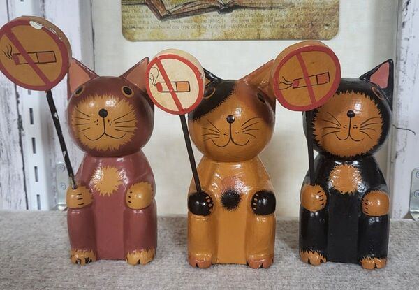 木製 猫 置物 3個セット 禁煙 インテリア アジアン雑貨 バリ猫