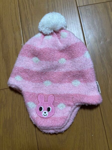ウサギ刺繍付きニット帽 ピンク ミキハウス
