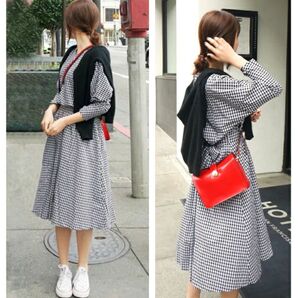 【本日消去のため最終値下げ】ギンガムチェック ワンピース ミモレ Aライン 黒 韓国 夏服 夏コーデ