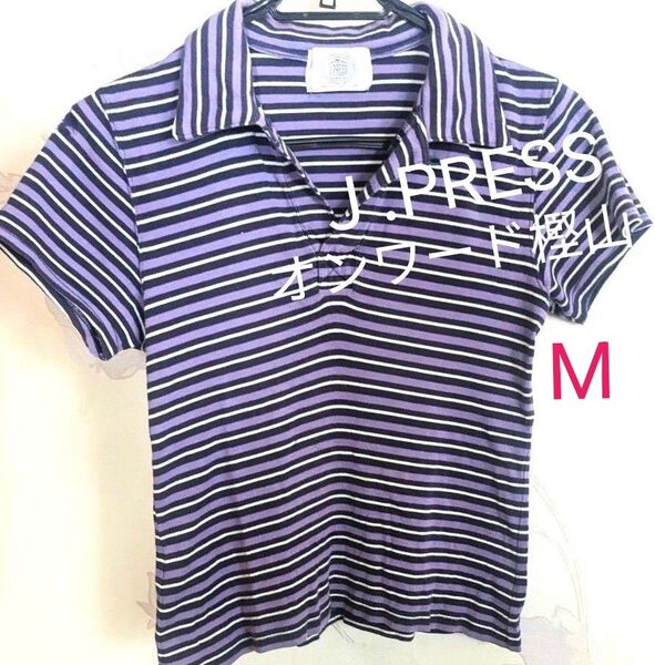 J.PRESS オンワード樫山 ストライプ綿シャツ 襟付き 半袖ソフトポロシャツ ブランドTシャツ レディースМ