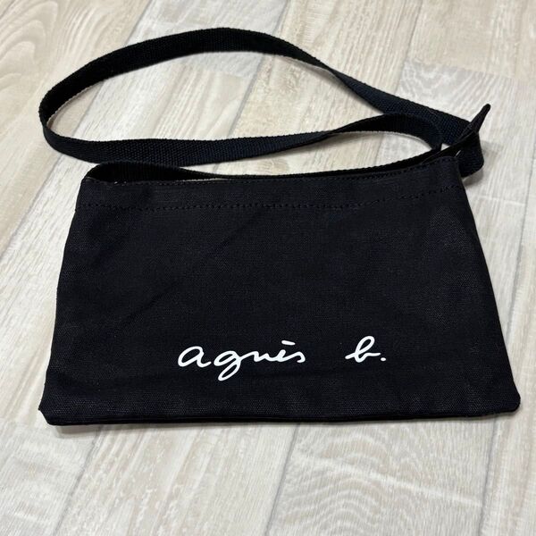 【訳あり】agnes b. ショルダーバッグ サコッシュ カバン マチ無し ロゴプリント 黒 ブラック 匿名発送 送料無料