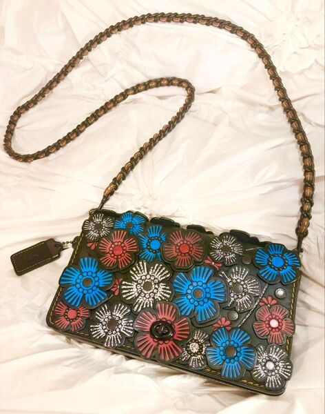 標準定価101200円 美品 COACH ショルダーバッグ 花柄 マルチカラー レザー ティーローズ ブルー 再販未定コーチ