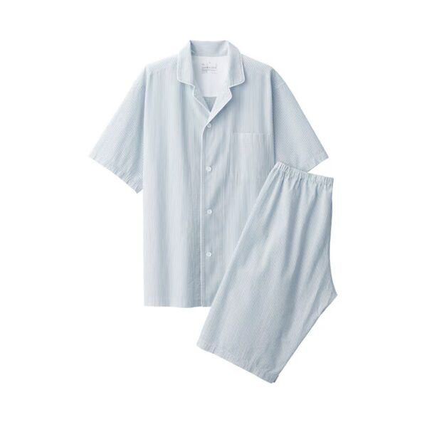 無印良品 MUJI 脇に縫い目のないサッカー織半袖パジャマ 紳士 ライトブルーストライプ M