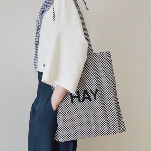 HAY TOTE 白黒ブロックチェック柄 トートバッグ