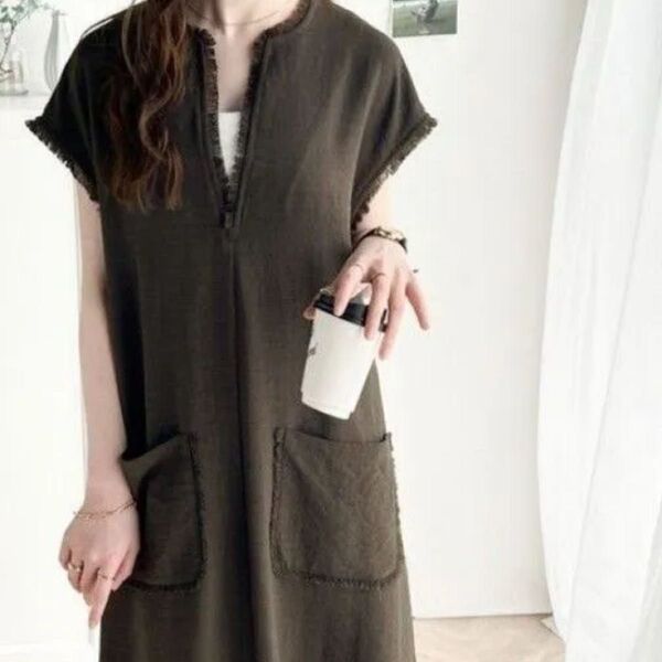 クラシカルエルフ Vネックフリンジフレンチスリーブロングワンピース