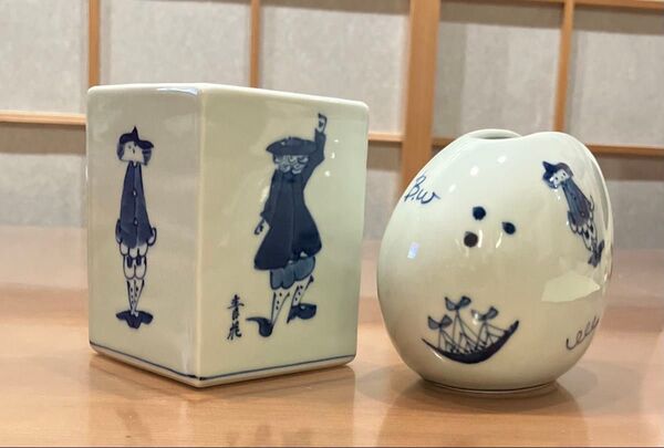 断捨離セール 最終価格 未使用 青花 しん窯 異人づくし しゃもじ立て 廃盤品、箸立て 有田焼 手描き 染付 定価9,900円