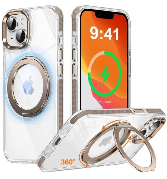 iPhone 15 用 ケース 多機能360度回転スタンド 縦横両用 マグネット搭載 MagSafe対応 滑り止めドット模様