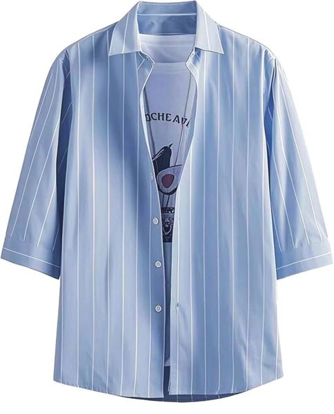 メンズ シャツ 半袖 夏 ストライプ 七分袖 カジュアル ビジネス シンプル 2XL , ブルー 半袖 シャツ