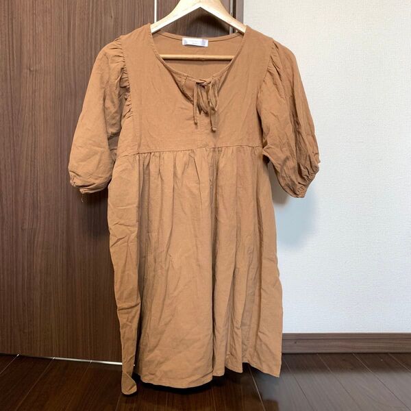 美品!韓国製 夏 レディース ブラウン系 ロング丈 長袖 トップス ワンピース