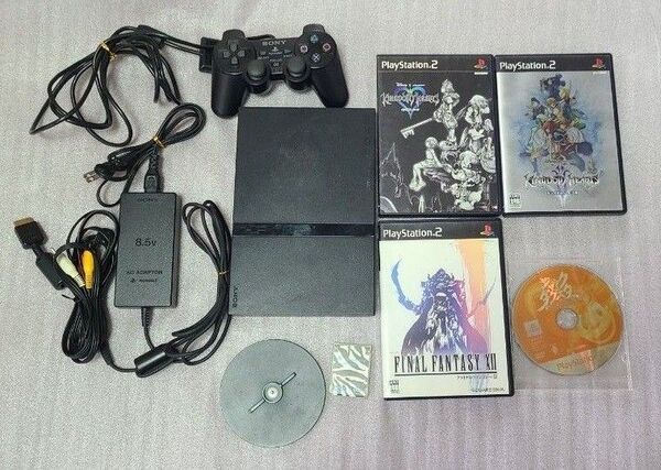 PS2 SCPH-70000 チャコールブラック(箱なし) ソフト 4本 メモリカード 縦置きスタンド セット