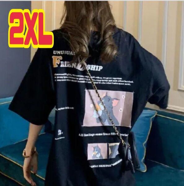 トムとジェリー バックプリント レディース 半袖 Tシャツ ブラック