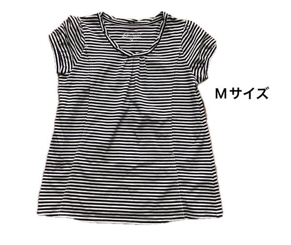 トップス カットソー Tシャツ ボーダー柄 半袖 パフスリーブ 授乳服 授乳口付 Mサイズ かわいい
