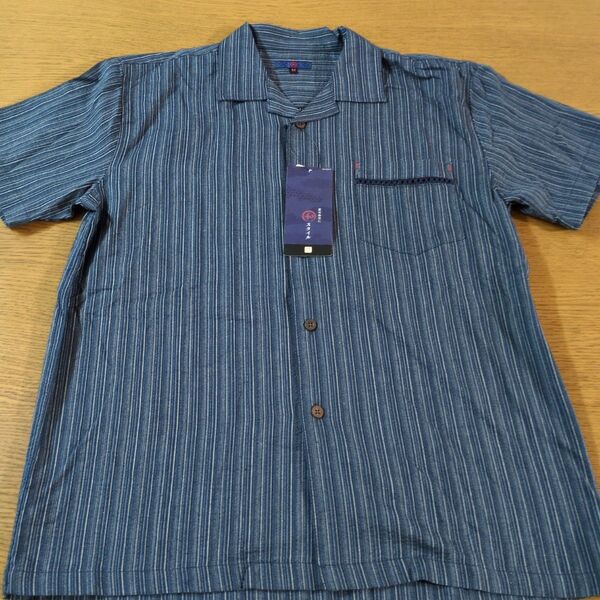 W☆新品☆和スタイル☆半袖シャツ☆サイズM☆ネイビー・ストライプ柄☆男性用☆No.2475