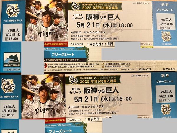 阪神タイガース 甲子園 阪神 vs 巨人 5月21日(水)ブリーズシート 2枚 雨天保証あり