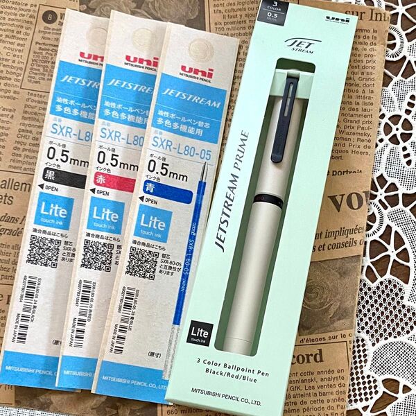 ジェットストリームプライム 回転繰り出し式3色ボールペン◆替え芯セット 0.5mm クラウディーホワイト ライトタッチインク