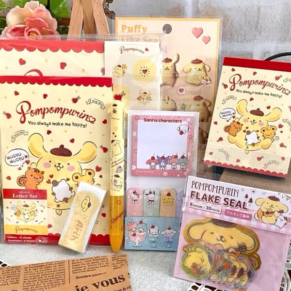 ポムポムプリン◆レターセット シール メモ帳 ボールペン 消しゴム 付箋 文房具まとめて◇サンリオ 可愛い♪