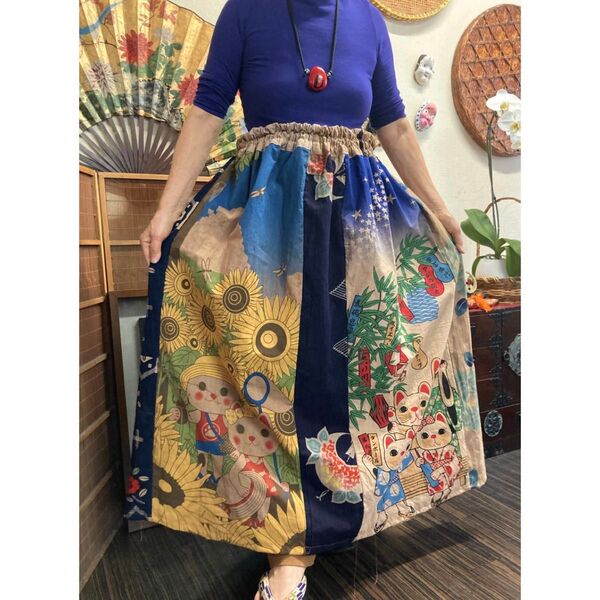 猫柄(向日葵と七夕柄)の手ぬぐいとや浴衣の柿渋染めスカート 手ぬぐいリメイク