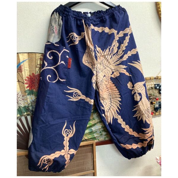 風呂敷(鳳凰柄)と浴衣の柿渋染めパンツ ハンドメイド