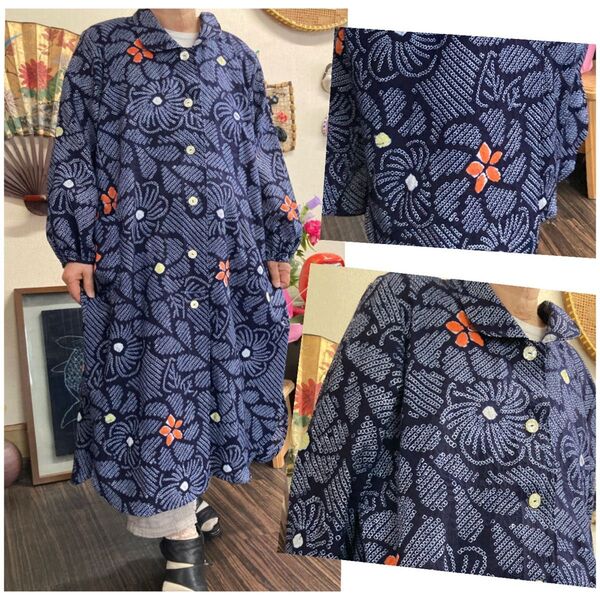 有松絞り(新品)の前開きワンピースコート 着物リメイク