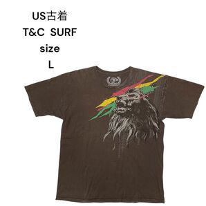 【US古着】T&C SURF ラスタカラーライオンレゲエTシャツ L ブラウン