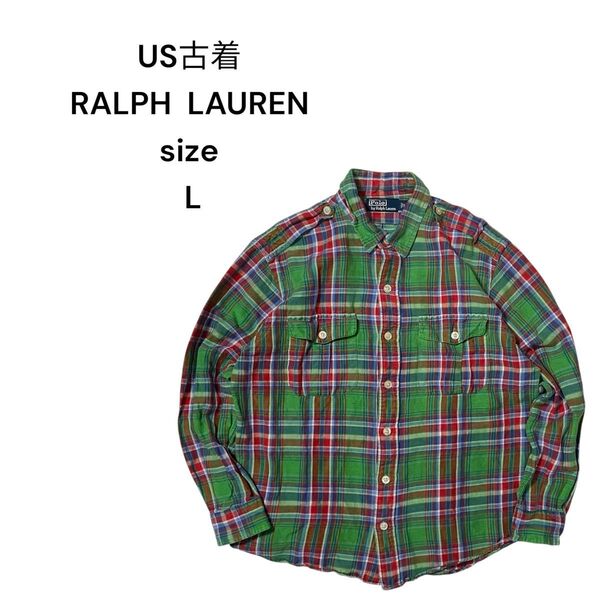 【US古着】RALPH LAUREN エポーレット付ワークネルシャツL グリーン アメカジ