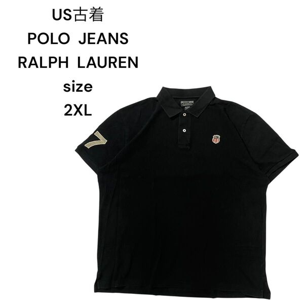 US古着POLO JEANSラルフローレンポロシャツワッペンロゴ入り2XL 黒