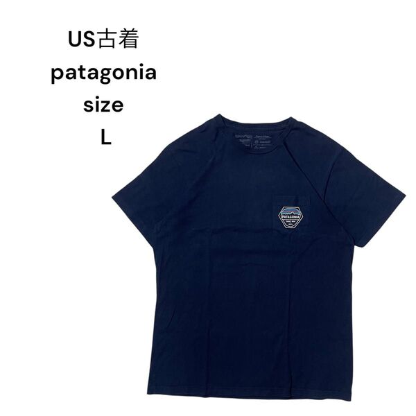 US古着patagonia 胸ポケットバックプリントTシャツ L ネイビー