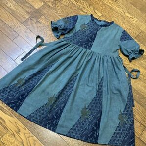 ☆作家物ワンピース☆麻の葉☆松葉☆折り鶴☆柿渋染め☆渋グリーン新品 浴衣リメイク ☆ハンドメイド☆未着