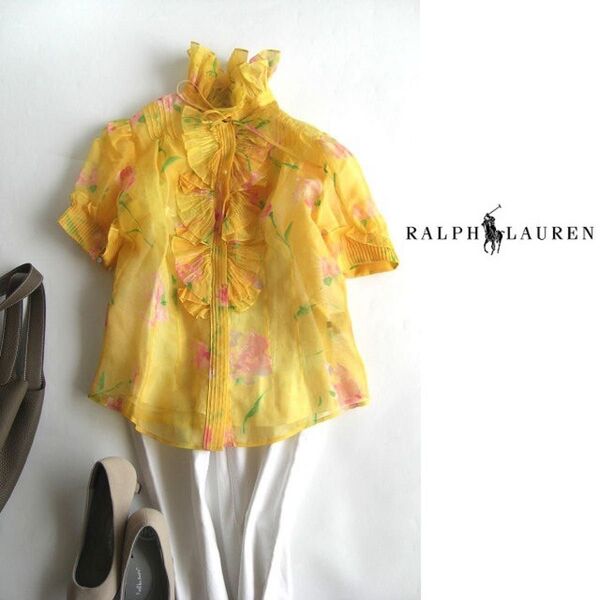 ラルフ ローレン Ralph Lauren シルク花柄フリル半袖ブラウス シアー