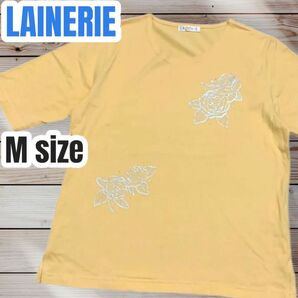 LAINERIE 半袖 カットソー Tシャツ 花柄 ラインストーン オレンジ系 コットン100% Mサイズ