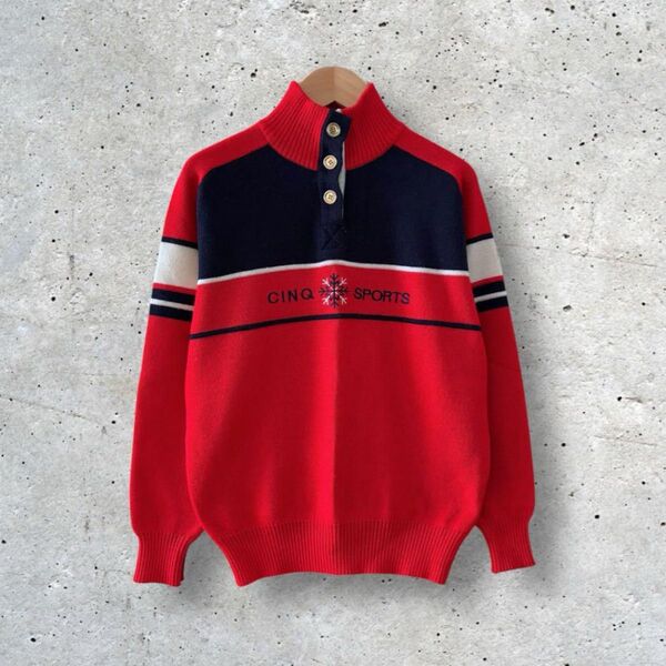 80s vintage CINQ SPORTS ハーフボタンニット レッド Lサイズ相当 ヴィンテージ 古着 レトロ配色
