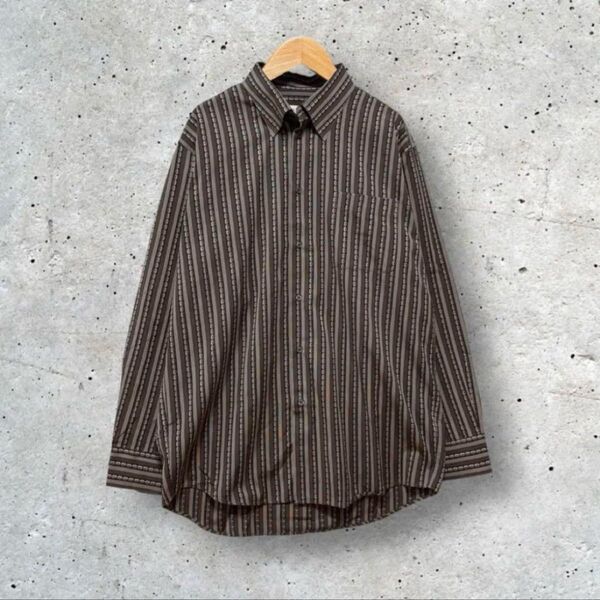 LANVIN ランバン ワイシャツ 長袖シャツ 総柄 ストライプ ボーダー コットン モード アメカジ ブラウン
