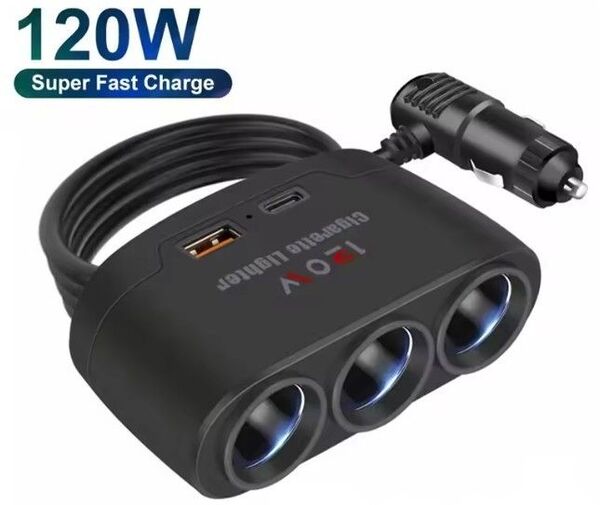 シガーライター 3連ソケット シガーソケット 120W USB充電ポート付 TypeC+TypeA 3口分岐 12V 24V