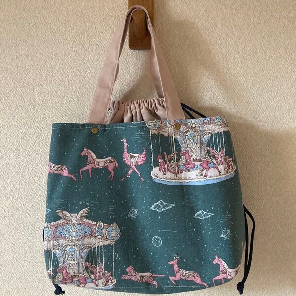 YUWA河野愛さん生地使用 ハンドメイド 巾着付きトートバッグ