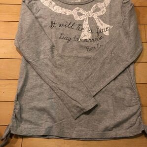 ロングTシャツ 150 グレー リボン レース柄