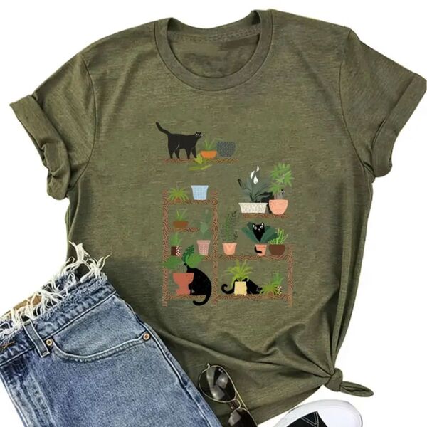 黒猫と観葉植物 半袖Tシャツ