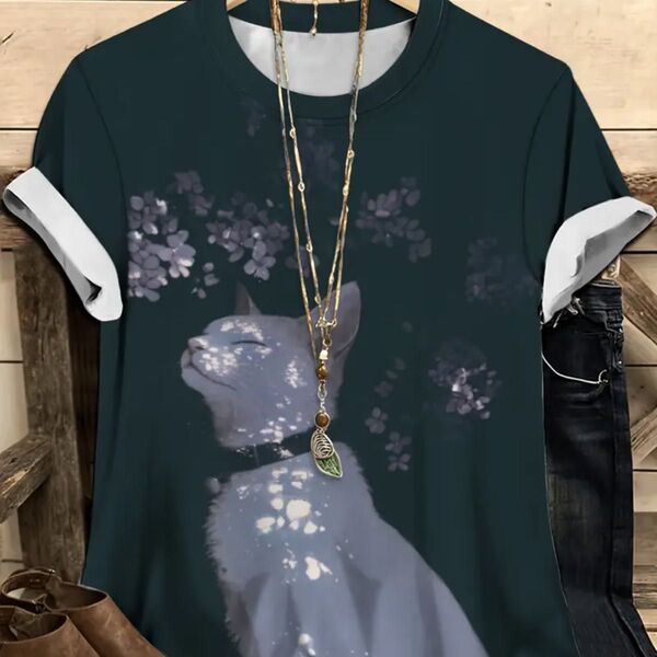 ゆったり 紫陽花と猫柄 半袖Tシャツ