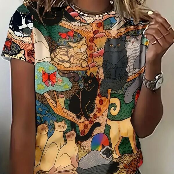 深夜の猫会議 猫柄 半袖Tシャツ 個性的 抽象的