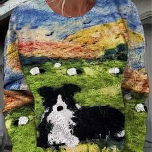 羊と牧羊犬柄 長袖ニットセーター 春夏秋 春秋最適