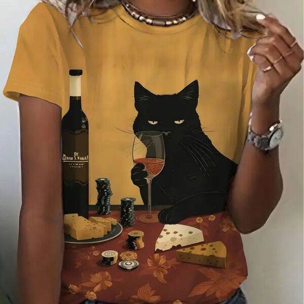 グラス片手にグルメな黒猫ちゃん 猫柄 半袖 Tシャツ 最終価格