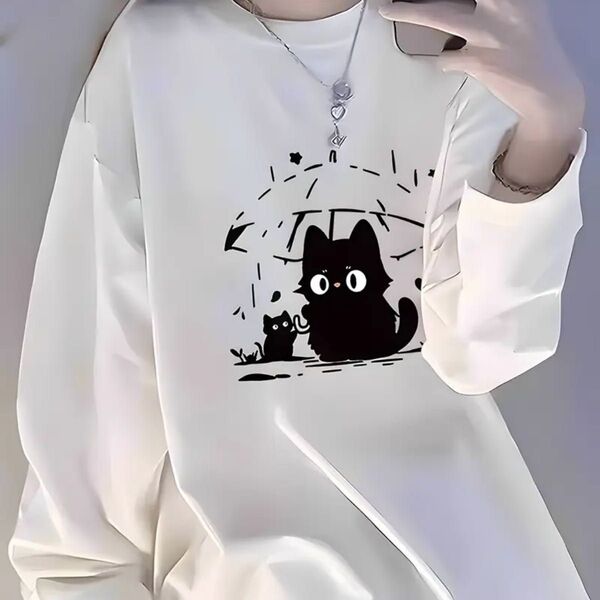 韓国風 黒猫柄 長袖Tシャツ