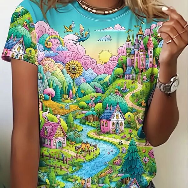 カラフルなファンタジー柄 おとぎの国 半袖Tシャツ