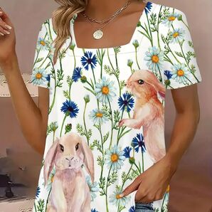 ゆったり ウサギと花柄 半袖Tシャツ