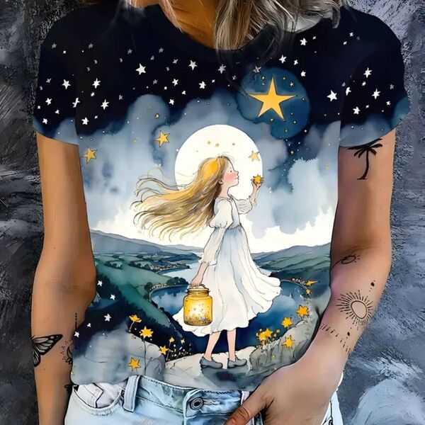 ゆったり 星空と女の子 半袖Tシャツ